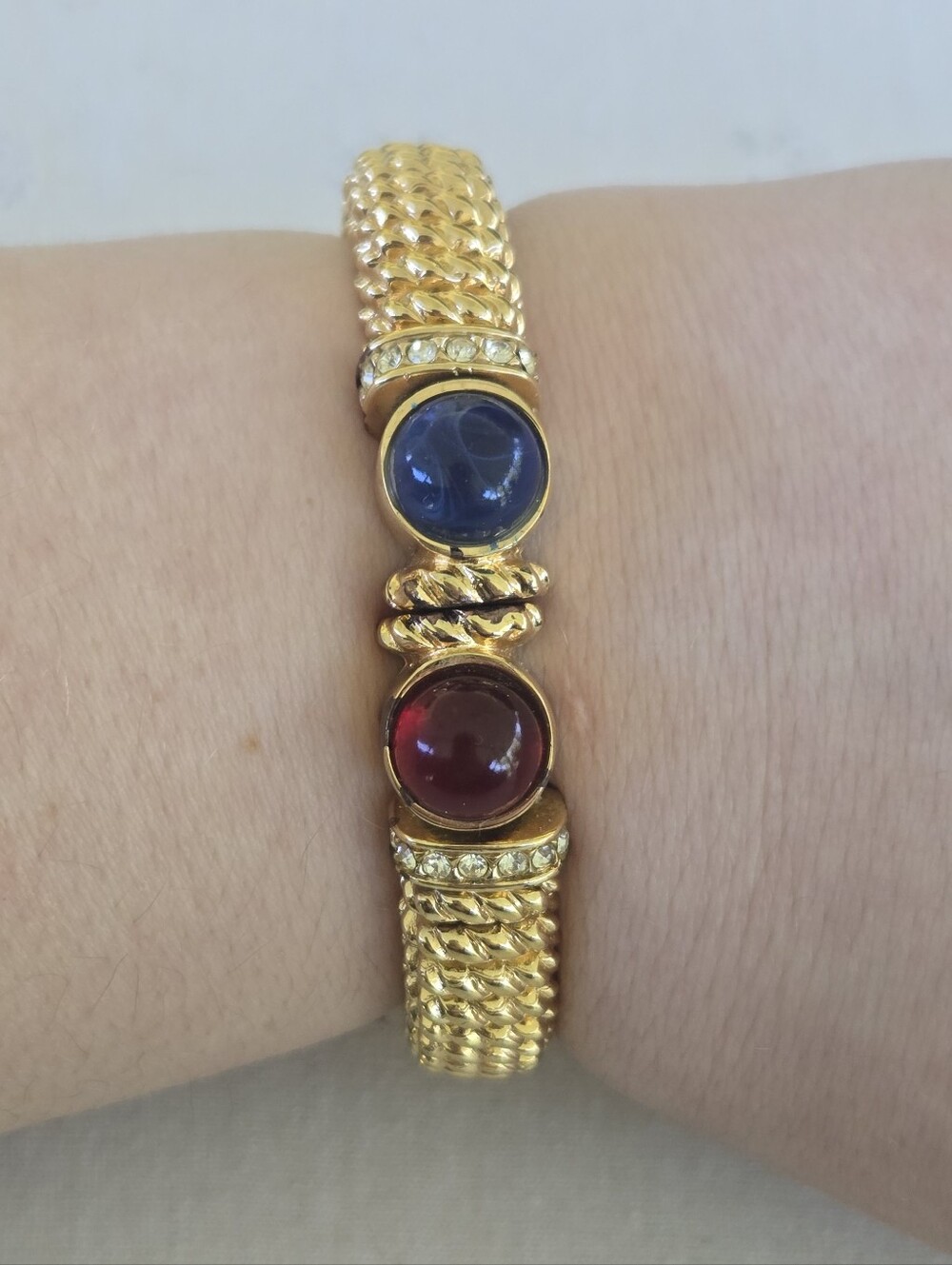 Gold-Tone Bracelet with Blue and Red Cabochons Vintage